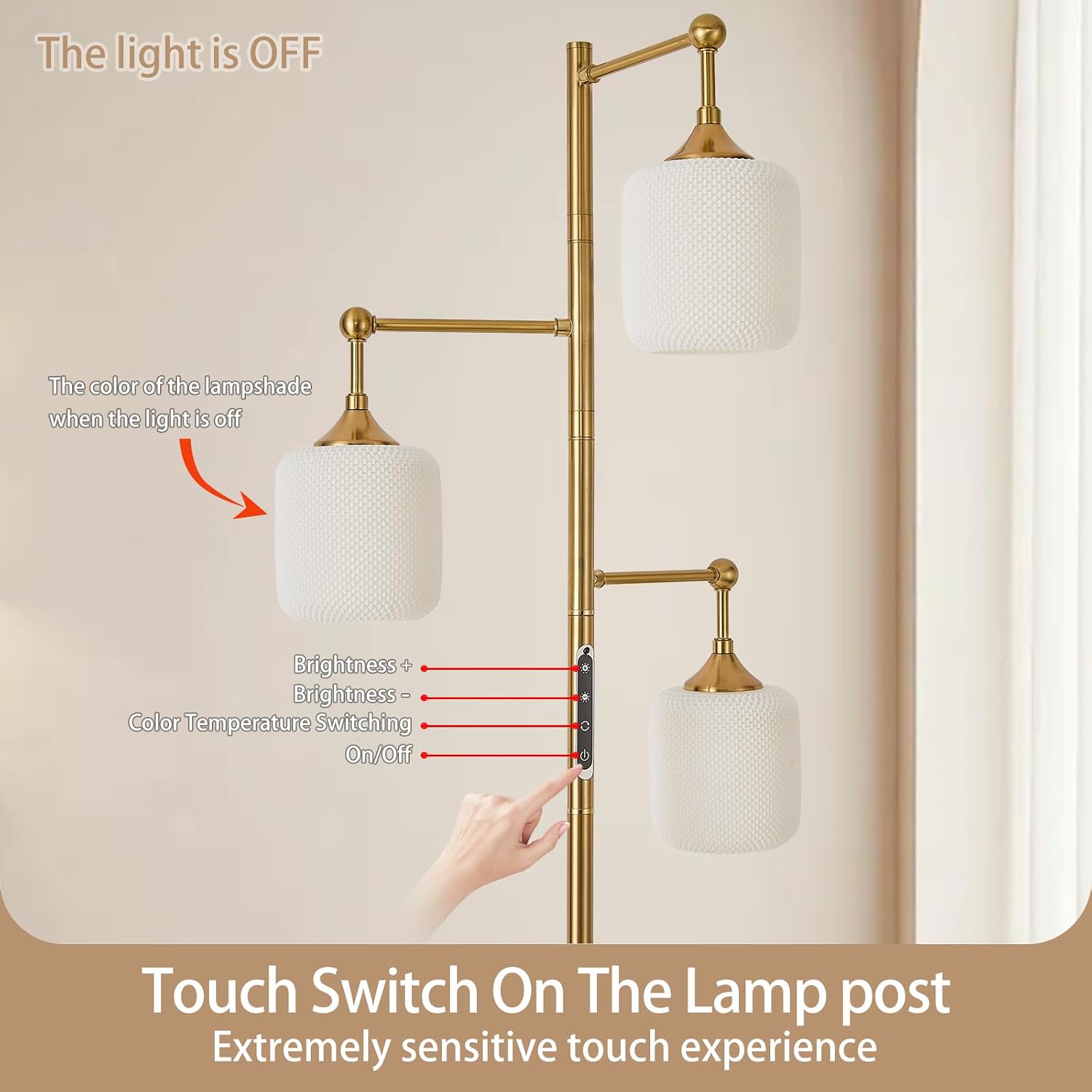Hsyile Floor Lamp with Remote Control, 3-Light Tree Lamp with Adjustable Arms, Gold Brass Finish with Beige 3D Printed Shades, Touch and Remote Dimmable for Living Room,Bedroom