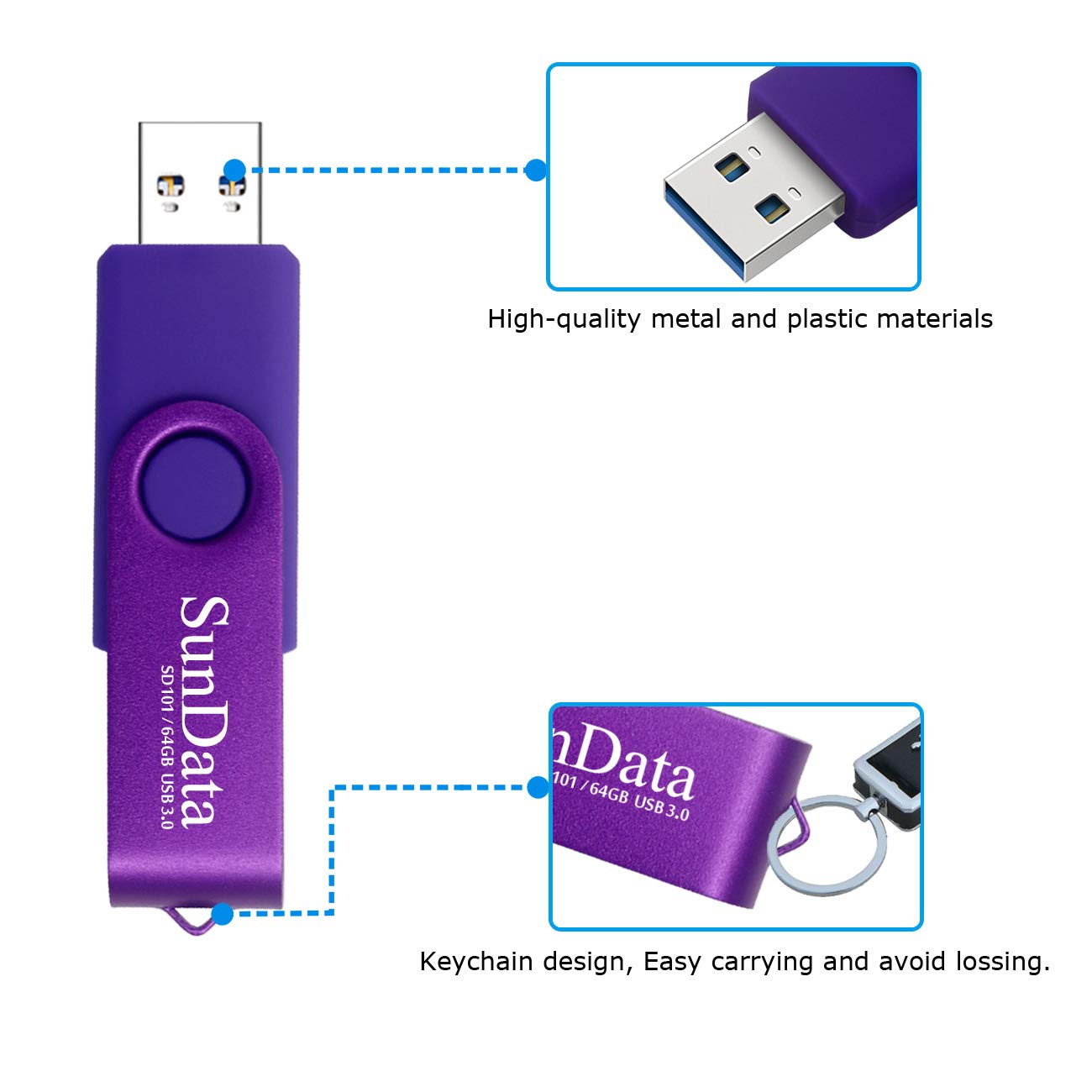 Clé USB 64 Go SunData USB 3.0 - Vitesse Jusqu'à 90 Mo/s - Format Porte-clés Pivotant - Couleur Violet