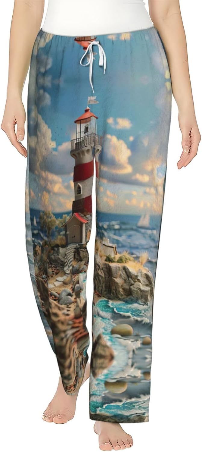 The Seaside Lighthouse Print Cozy Christmas Pajama Pants,Flannel Pajama Bottoms,Cater To Various Body Types