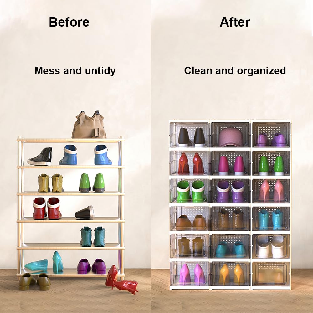 Confezione da 6 scatole per scarpe, scatola per scarpe integrata, non richiede montaggio, impilabili, robuste, pieghevoli, organizer trasparente per scarpe e organizer (bianco)