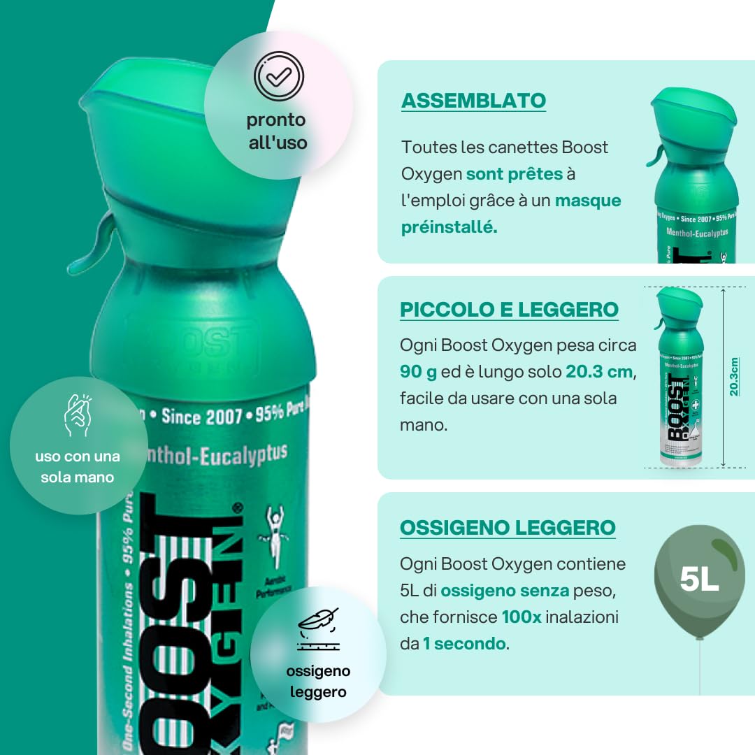 Boost Oxygen Eucalipto 5L (3 Pack) | Bomboletta di Ossigeno Puro al 95% Portatile per Recupero, Concentrazione e Energia
