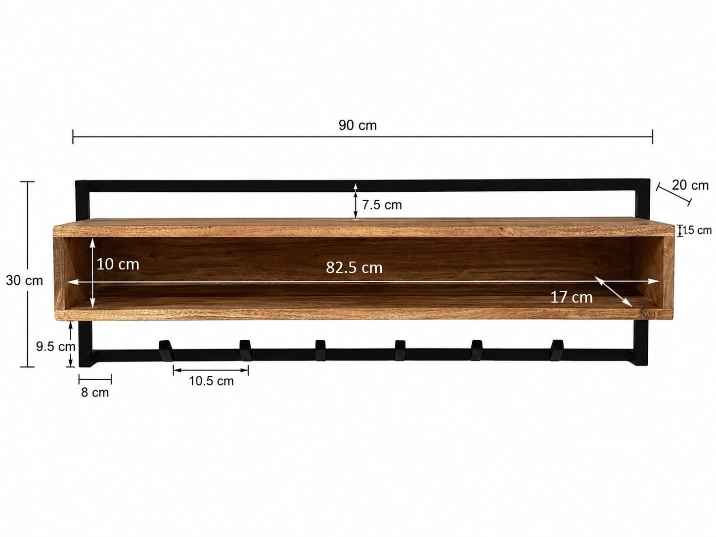 FineBuy Wandgarderobe 90 x 30 x 20 cm Akazie Massivholz, 6 Haken Handmade