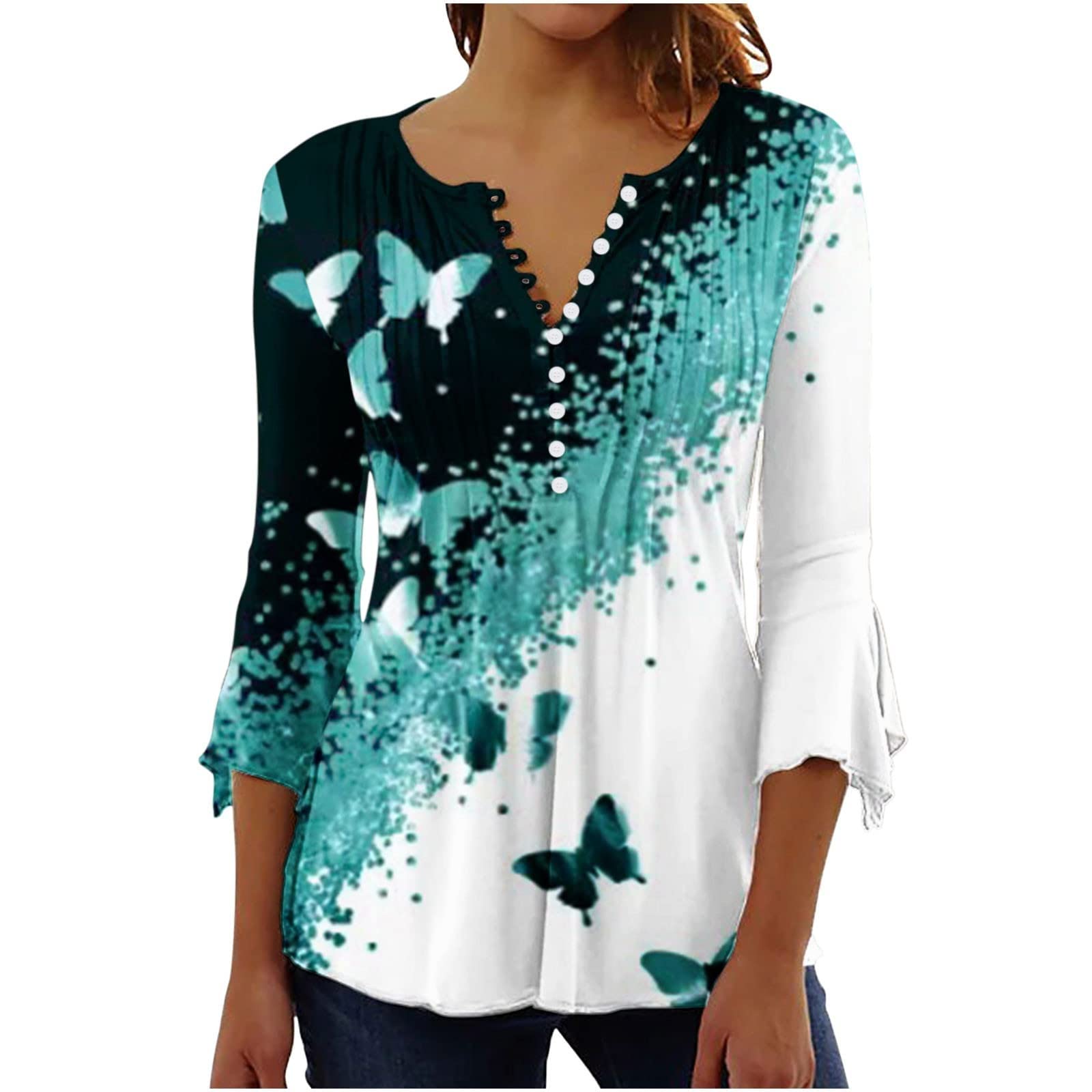 Women's V Neck Flowy Hem Shirt Fashion Casual Short Sleeve Printed Blouse Tees Loose Comfy Plus Size T-Shirt Top