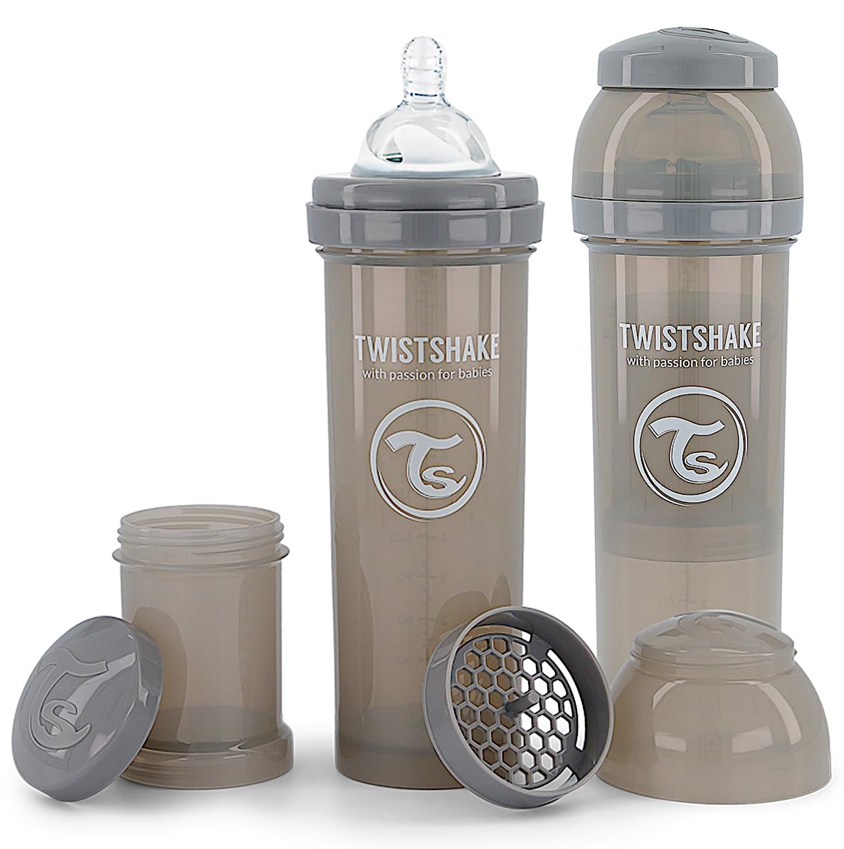 Twistshake 2x Biberón Anticólico Con Contenedor De Leche En Polvo Y Mezclador - 330ml | Tetina De Silicona De Flujo Rápido | Biberón Sin BPA | 4+ Meses | Gris
