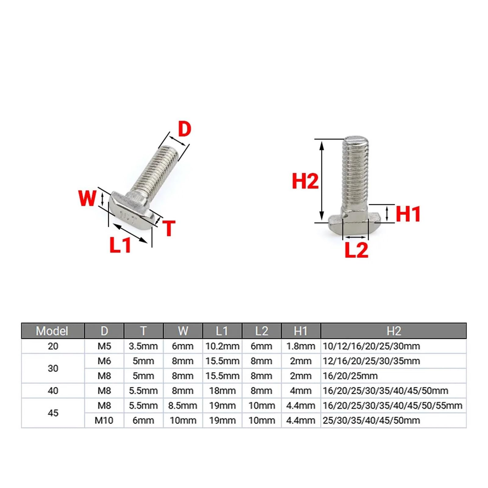 50Pcs M5 M6 M8 M10 Nickel Plated Steel T Hammer Head T Bolt Connector T Head Bolts Screws For 20/30/40/45 Aluminum Profiles(4545-M10,30mm)