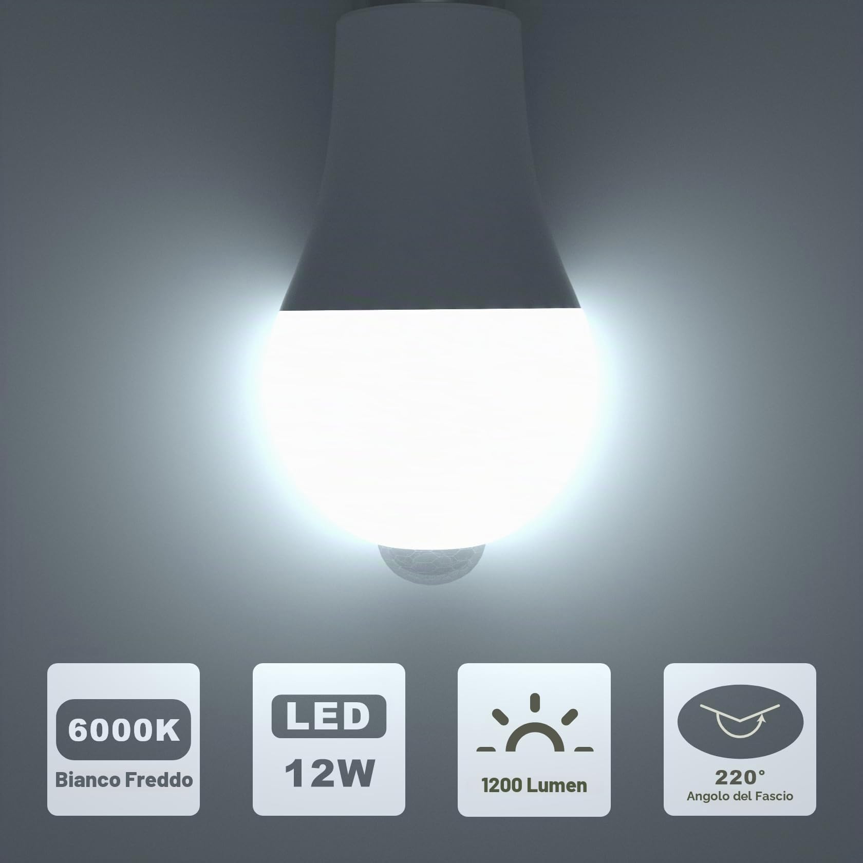 Lampadina con Sensore di Movimento, Lampadine LED E27 12W 1200LM Luce Bianca Fredda 6000K Auto On/Off, E27 lampada con sensore di movimento, per Corridoio, Garage, Scale, 2 Pezzi