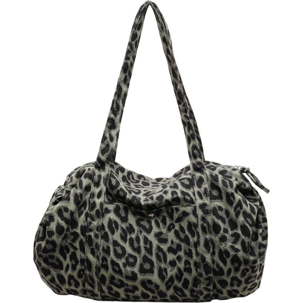 Sanfly Green Leopard Print Handbag Large Capacity Canvas Shoulder Tote Bag Stylish Versatile Hobo Bag For Daily Commute Work