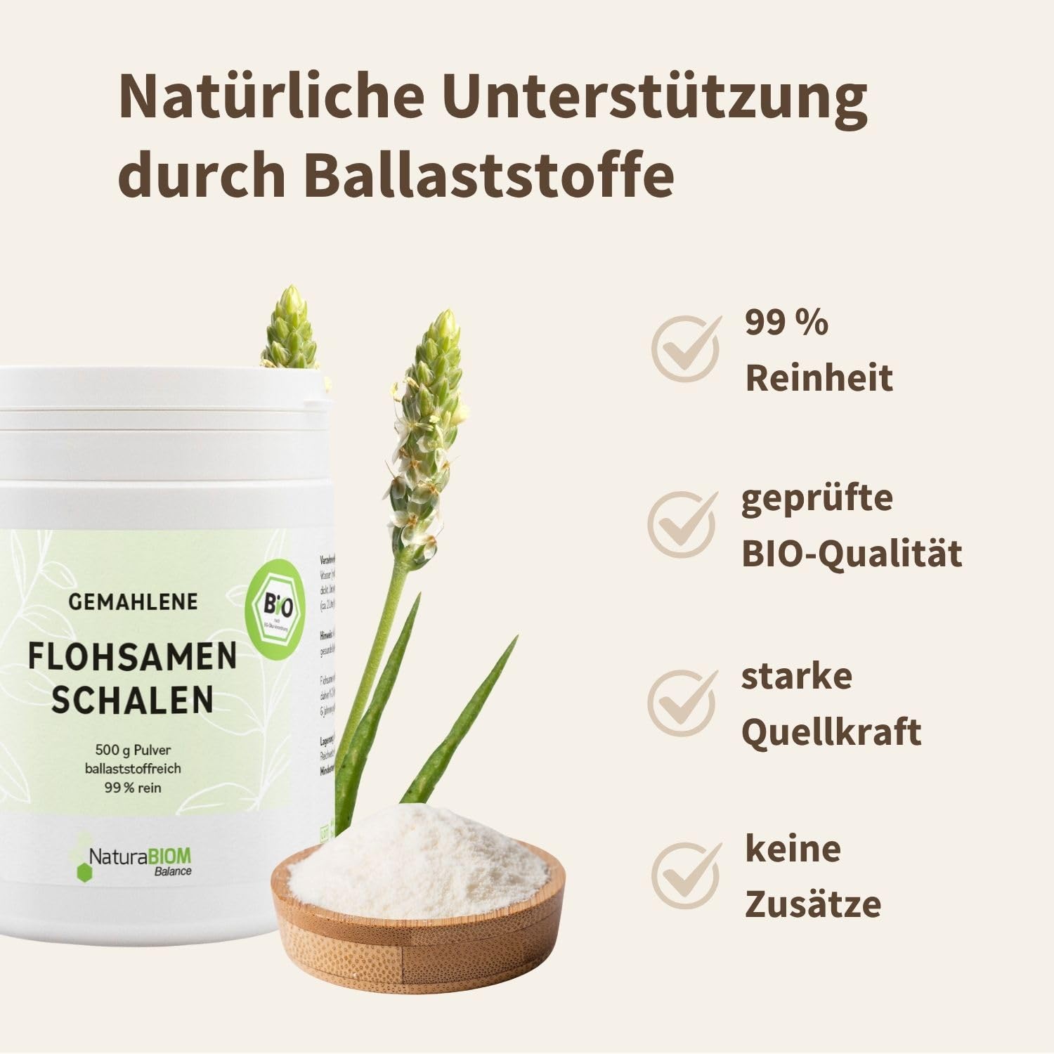 Cáscaras de semillas de psyllium orgánicas en polvo, 500 g, molidas – 99% de pureza, 90% de fibra, vegano, sin gluten, sin aditivos, probado en laboratorio, ideal para nutrición consciente
