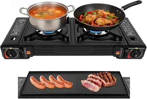 Estufa de camping portátil de 2 quemadores, estufa de campamento de butano, estufa de campamento de viaje al aire libre para campamento, barbacoa,