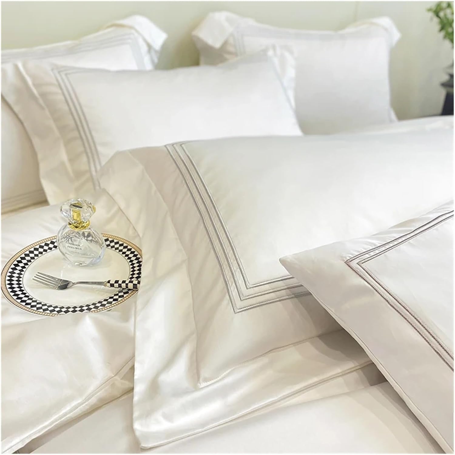 Bed, 100% Cotton Bedding Set Home Textile Three Lines Embroidery Luxurious Pillowcase Sheet Quilt Cover Twin/Queen/Single Bed, White, MM-102