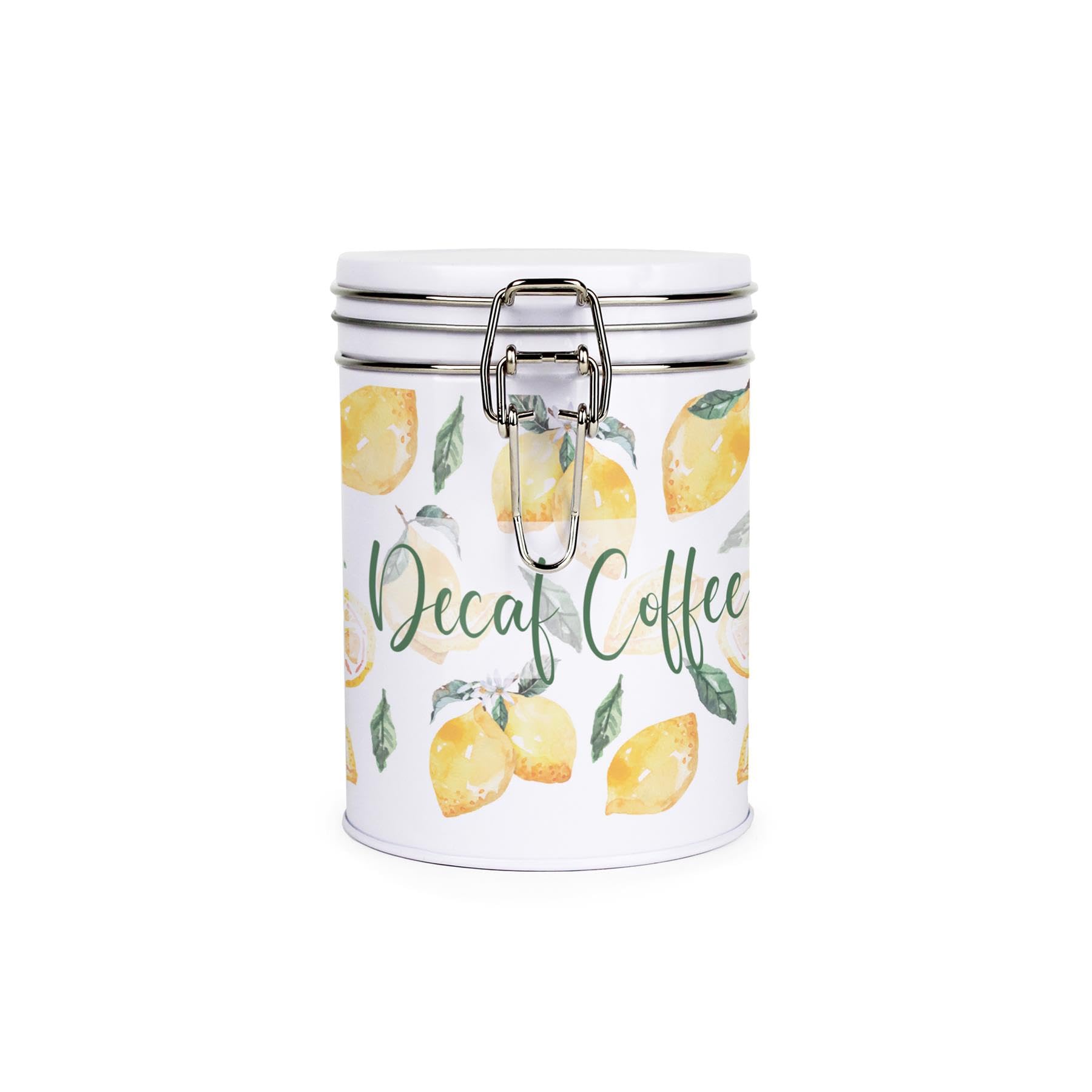 Purely Home Lemons Decaf Coffee Canister - White Metal Clip Lid Kitchen Storage Jar/Container Gift 700ml (13cm x 9.5cm)
