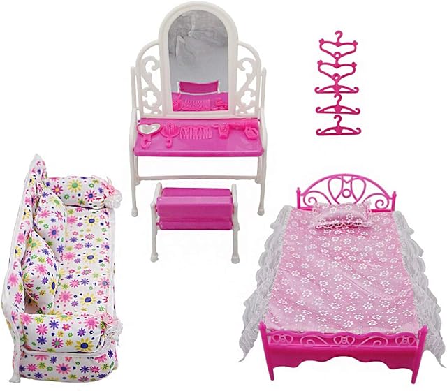 Gojiny Miniature Dollhouse Furniture, 8Pcs Princess Furniture Accessories Kids Gift 1xDresser Set + 1x Sofa Set+1xBed Set + 5x Hangers for Barbie Doll