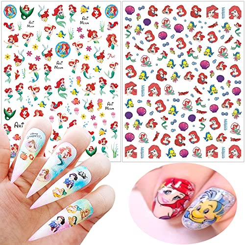 6 Sheets Kawaii Nail Art Stickers 3D Anime Design Nail Charms Cute Cartoon Nail Stickers Self-Adhesive Acrylic Nail Art Supplies Mermaid Nail Decals For Women Girls Kawaii Nails Art Decorations #TOP1