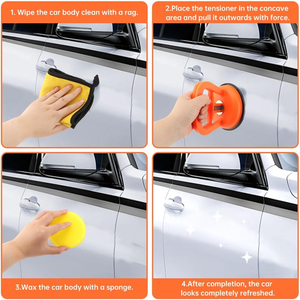 Car Dent Repair Kit,with 3 Pcs Dent Repair Pullers 2 Pcs Waxing Sponge Blocks and Cloth Suction Cup Powerful Indent‌ Removal for Car Dents Glass, Screen and Objects Moving(Orange+Black)