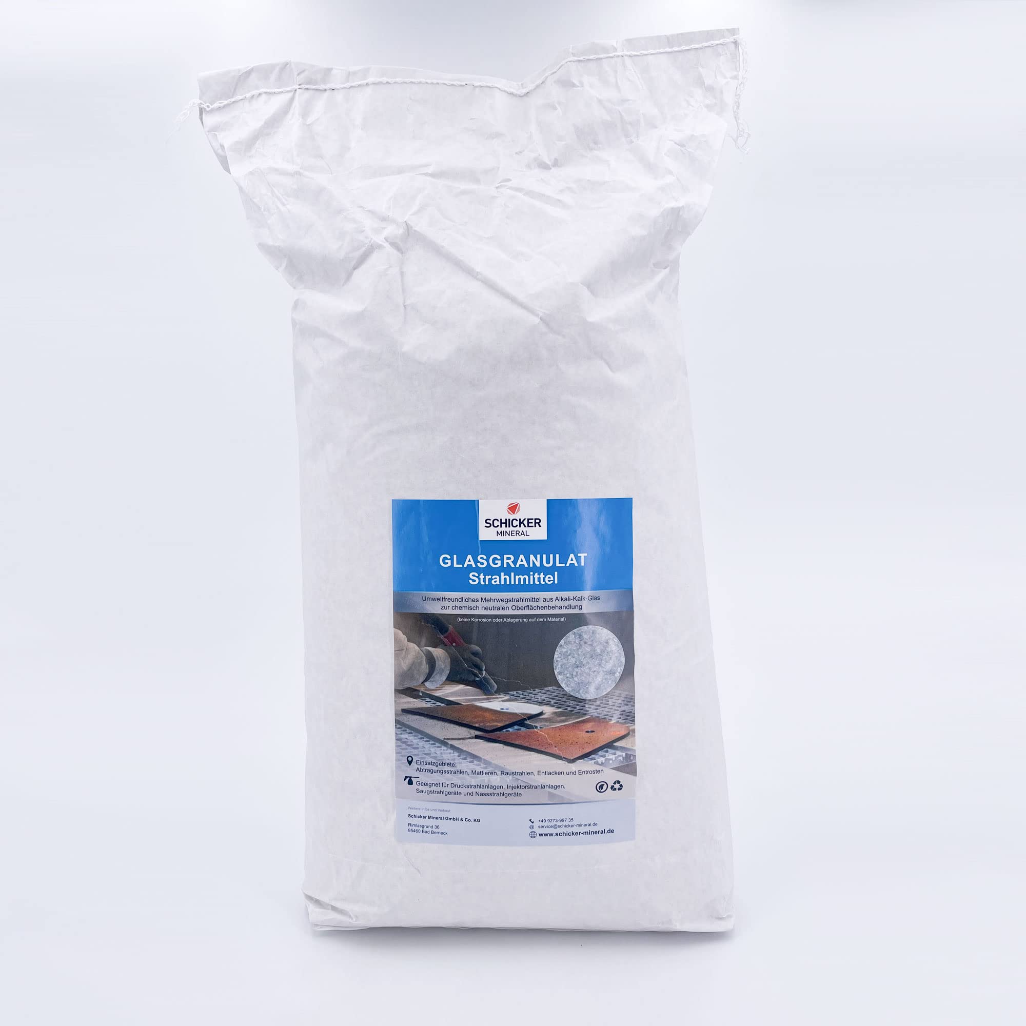 Schicker Mineral Glasgranulat Strahlmittel 25 kg, viele Körnungen zum optimalen Sandstrahlen, Strahlgut hergestellt in Deutschland, umweltfreundliches Mehrwegstrahlmittel (Glasgranulat, 400-1400 µm)