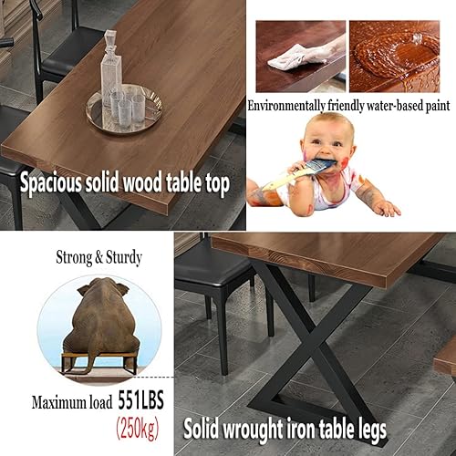 Miniatura 6 de Mesa de comedor moderna de madera maciza simple para el hogar, hotel, restaurante, cafetería, soporte de metal y panel de pino de 2.0in, fácil de