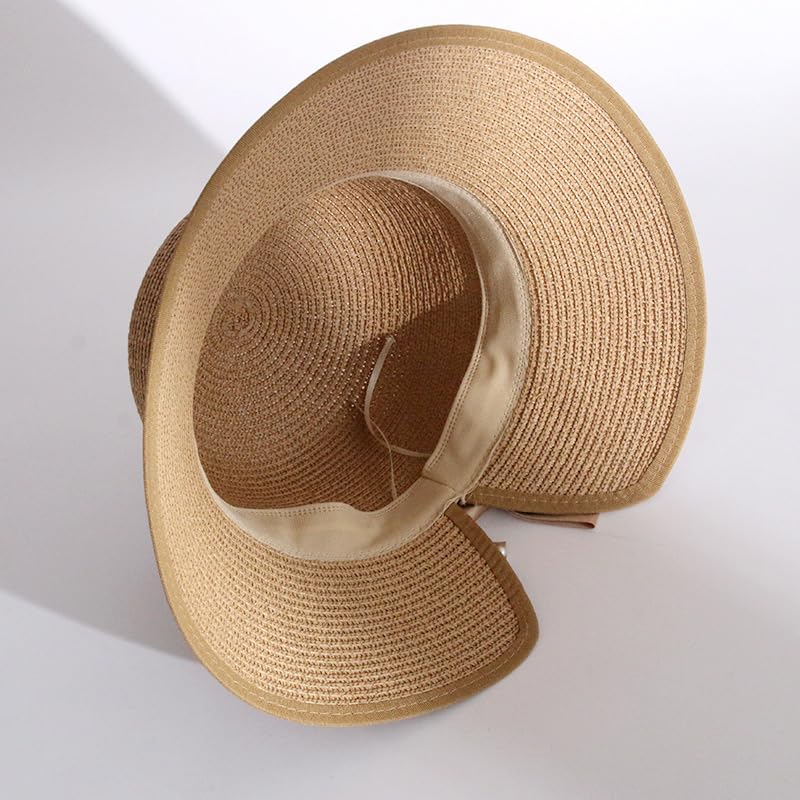 Sombrero de Paja Plegable de Verano,Gorra de Sol Tejido de Paja con Protección UV para Mujer con Decoración de Perla y Lazo de Satén,Sombrero de Playa Tejida Transpirable para Exteriores