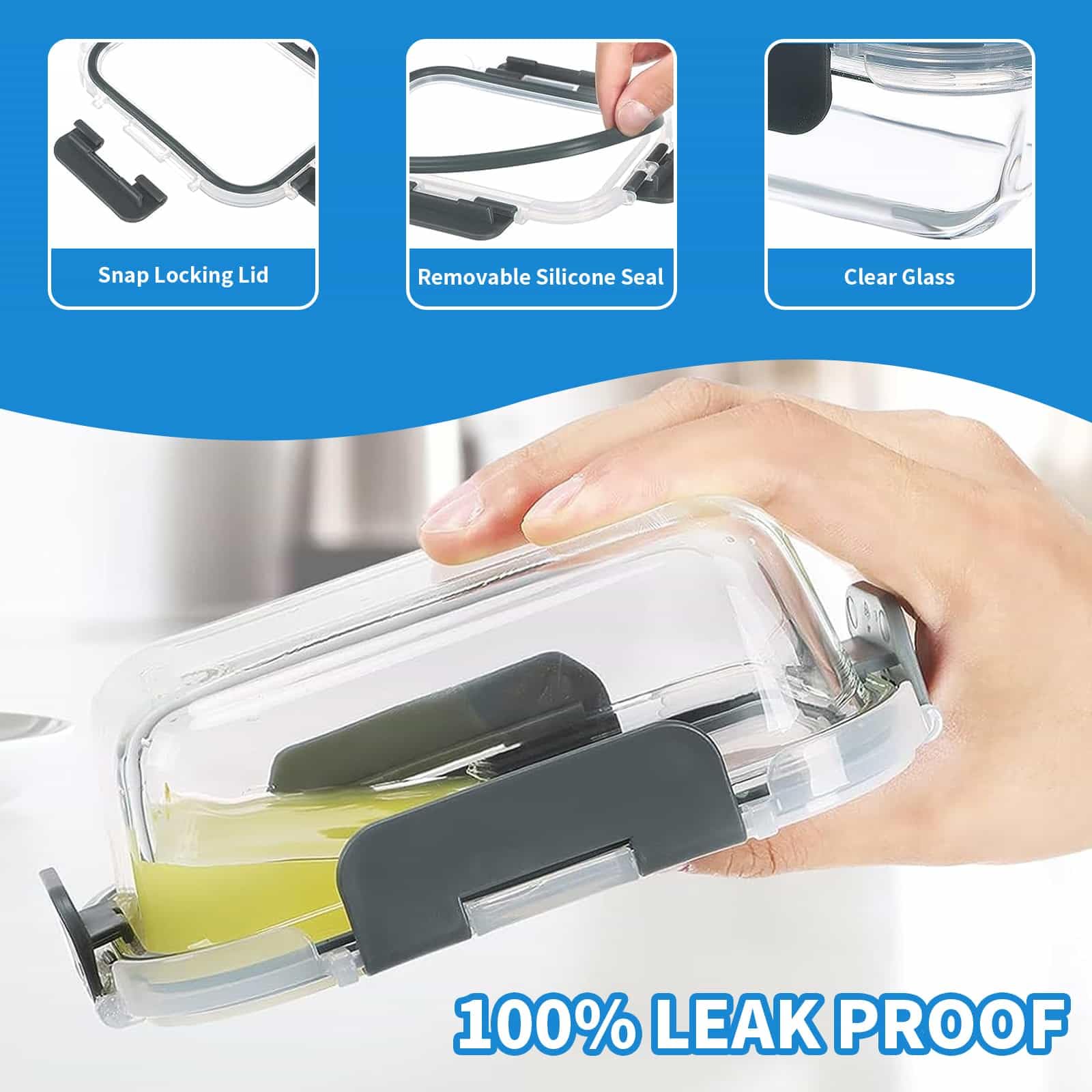 Recipientes de vidrio con tapas, paquete de 10 recipientes herméticos de vidrio para preparación de comidas, reutilizables, apilables, microondas, horno, congelador y lavavajillas, 1050 ml y 370 ml