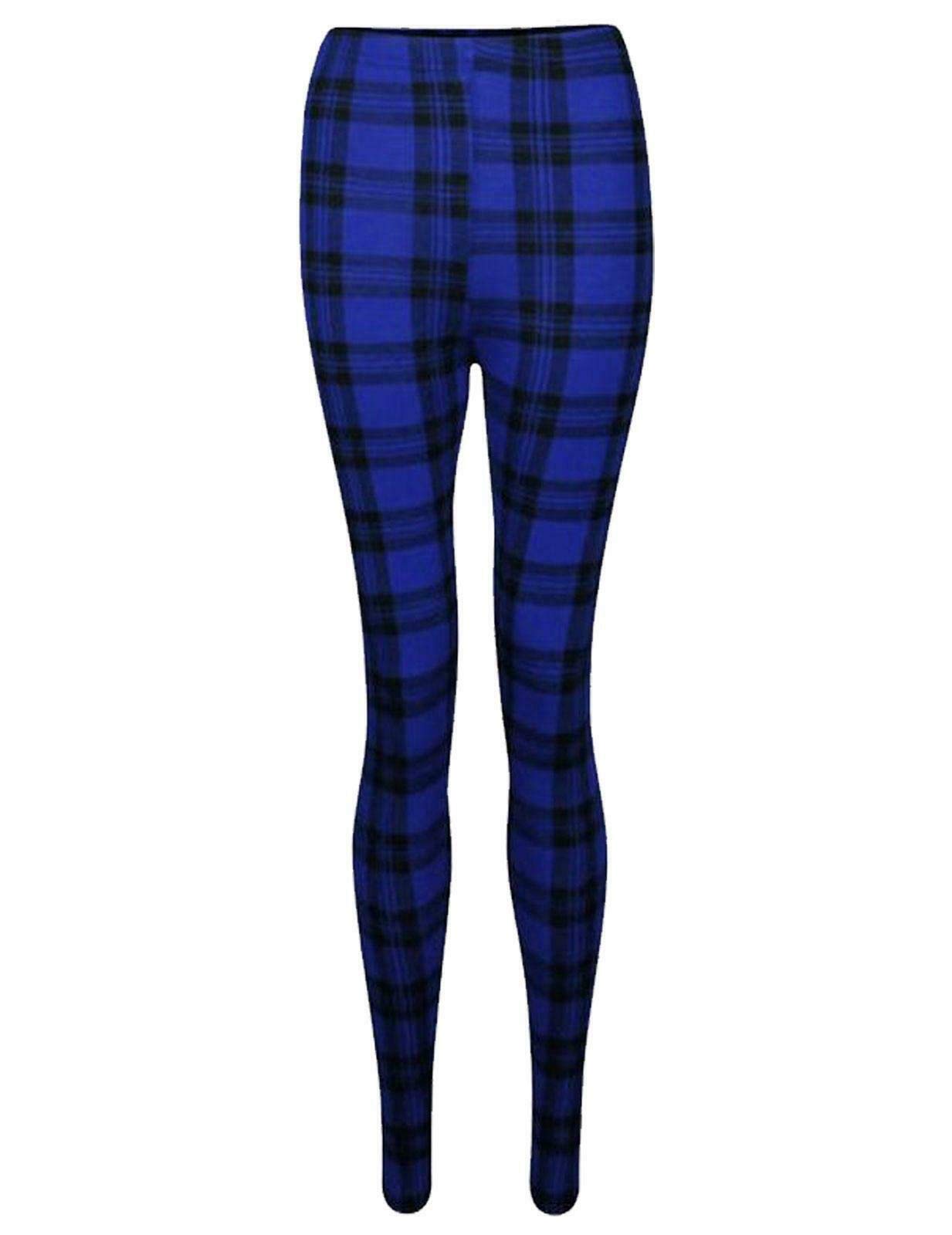 Wearall Women's Blue Plus Size Tartan Check Print Long Stretch Leggings Pants - 16-18