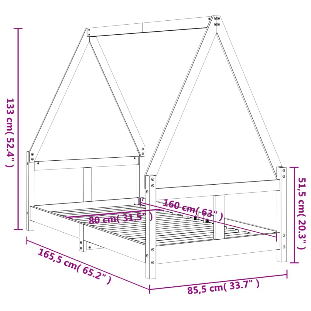 Kinderbett aus Massivholz Kiefer – Hausform Bett mit Lattenrost – 70x140 / 80x160 / 80x200 / 90x190 / 90x200 cm – Farben: Natur/Schwarz/Weiß – Kinderbett für Kinder ab 4 Jahren