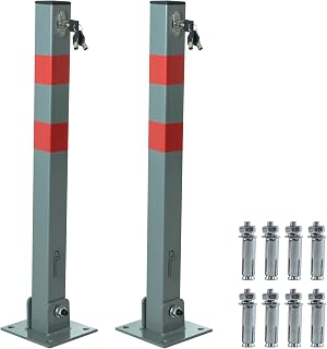 Hausen 2 x Folding Car Parking Barrier Post Vehicle Driveway Garage Security Bollard, 3 Keys Included with Each Barrier