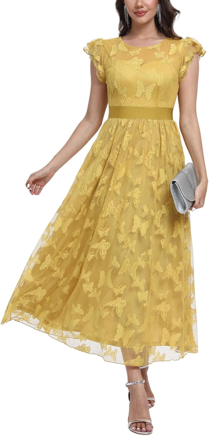 Casual Tulle Midi Dress with Ruffle Sleeve for Parties