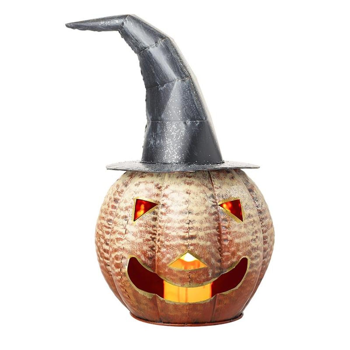 Heaven Sends Portavelas de metal con diseño de calabaza, decoración de Halloween, linterna con sombrero de bruja, espeluznante, rústico, decoración del hogar, vela no incluida