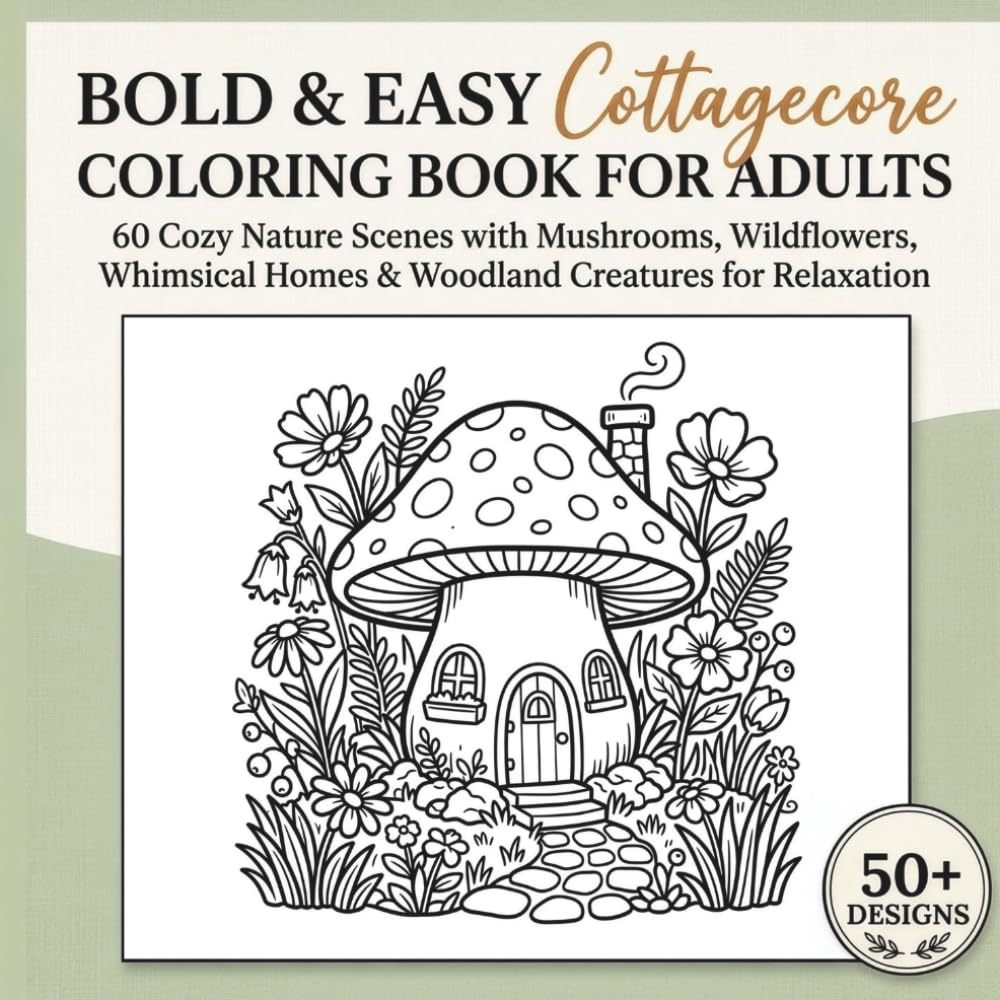 Bold & Easy Cottagecore Coloring Book for Adults: 60 Cozy Nature Scenes with Mushrooms, Wildflowers, Whimsical Homes & Woodland Creatures for Relaxation & Mindfulness