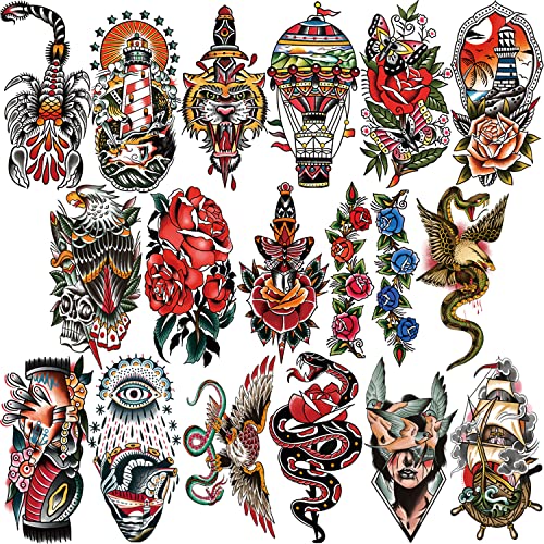 Classic 77 Sheets Temporary Tattoo, 17 Sheets Half Arm Shoulder Fake Tattoos, 60 Sheets Tiny For Womens Men Sailor Snake Vintage Roses Butterflies Skull Eagle Waterproof Tattoos Stickers For Kids Girls Boys #TOP6
