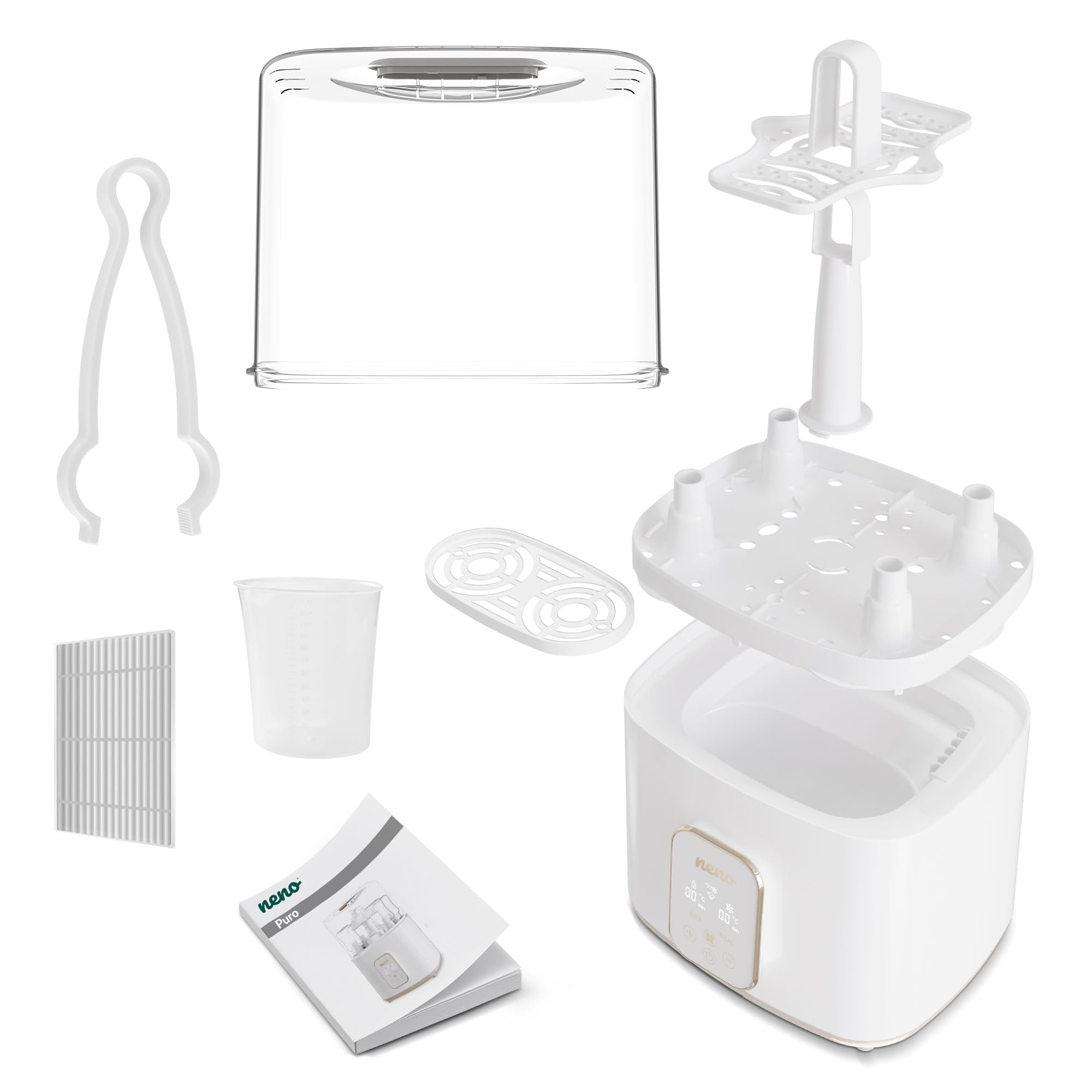NENO Puro Sterilisator für Babyflaschen – 4-in-1 Gerät mit Trocknung & Flaschenwärmer Baby – Dampfsterilisation 100°C – Touch-Bedienfeld – Platz für 4 Flaschen