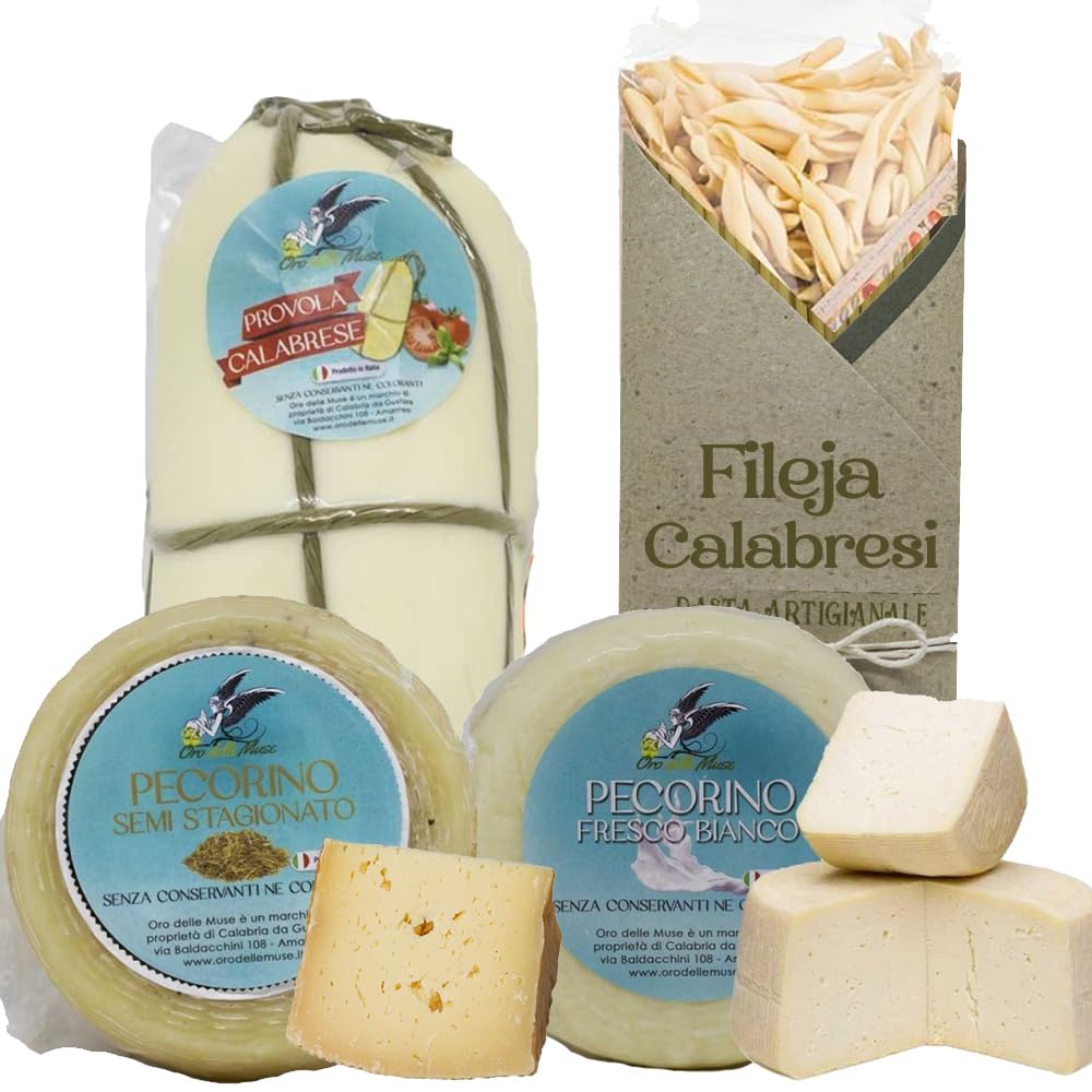 Coffret de fromages artisanaux calabrais : Pecorino demi-affiné + Pecorino frais + Provola Silana + Pâtes Fileja artisanales | OFFRE SPÉCIALE