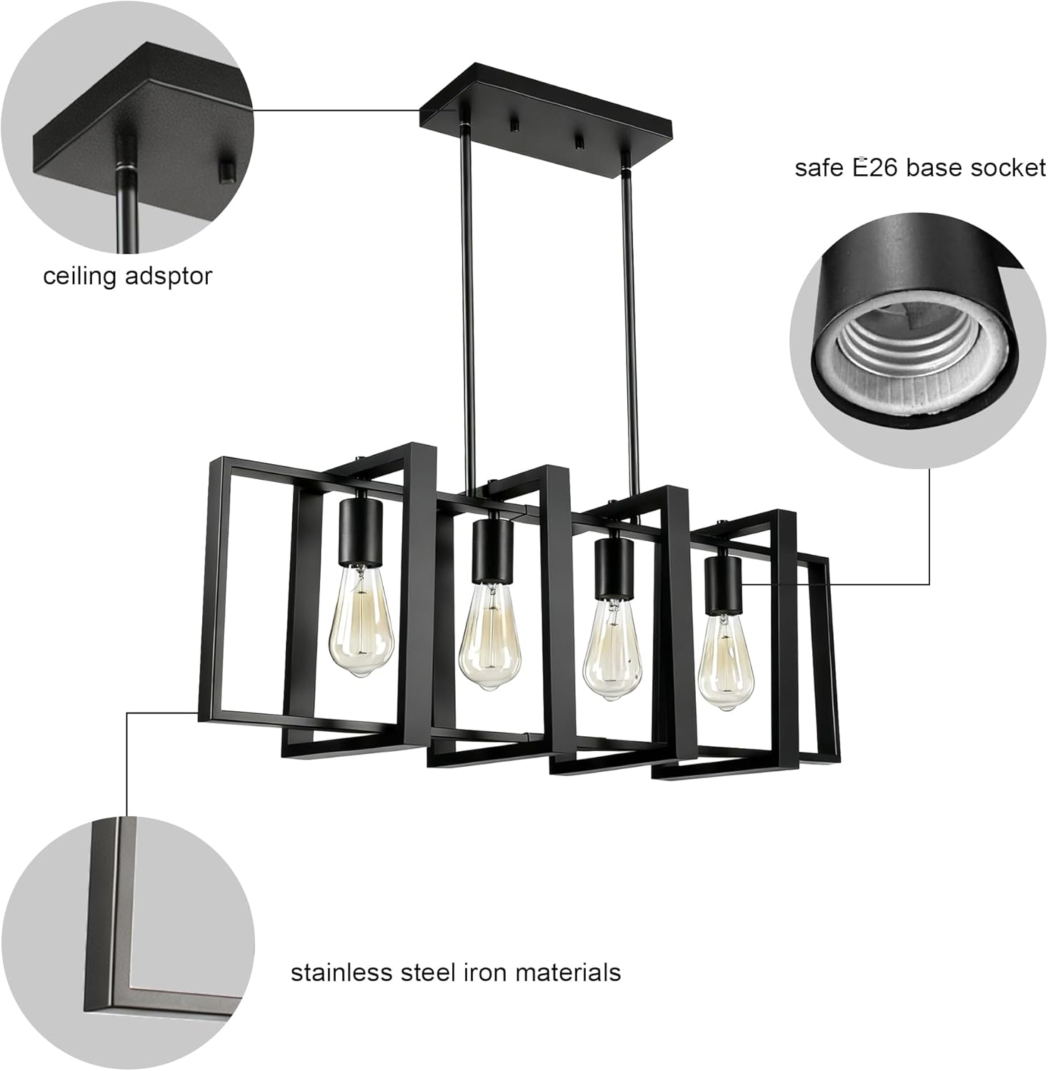 4-Light Island Lights for Kitchen, Rectangular Black Metal Kitchen Island Chandelier 31.5" Adjustable Rustic Modern Dining Room Light Fixtures Over Table, Chandeliers for Dining Room