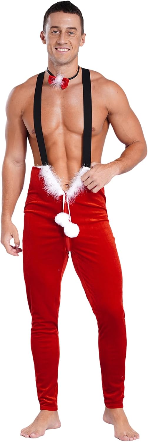 Santa Claus Costume for Men Full Length Zipper Jumpsuit Rompers Sleepwear Cosplay Party Underwear