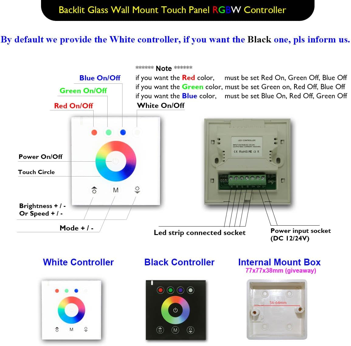 RGBW Wall Mounted Touch Panel Controller 45FT/Roll RGB+CoolWhite 60LEDs/M 24V Outdoor Waterproof 5050 LED Strip Light Kit for Rooftop, Dock, Patio, Hallway, Garage, Porch