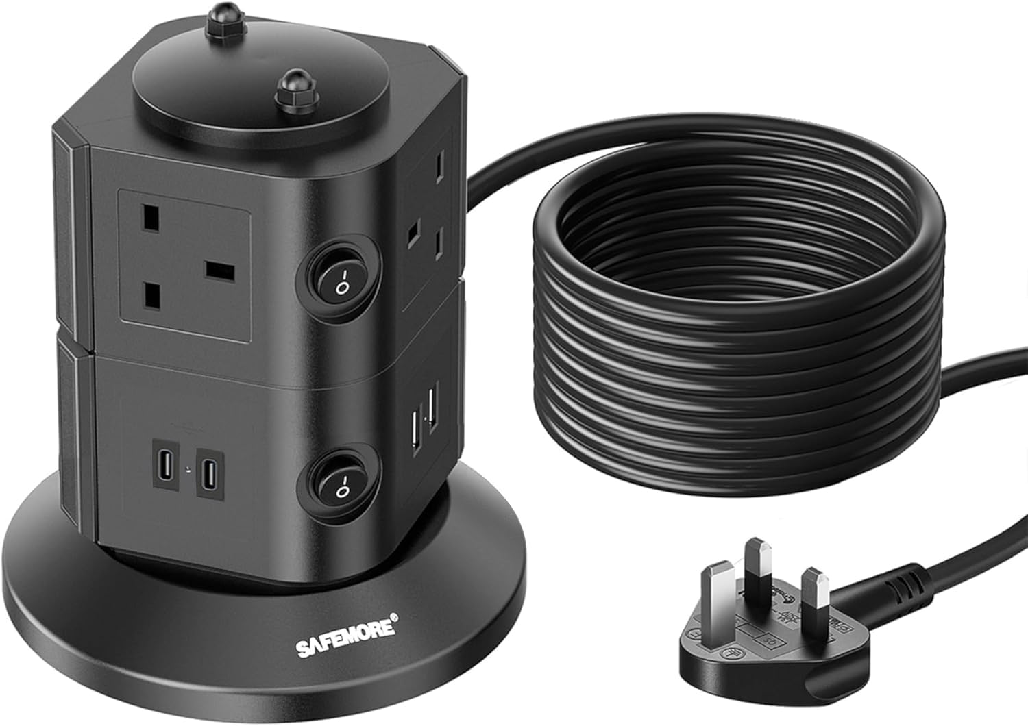 SAFEMORE Tower Extension Lead with USB Slots, 6 Gang Plug Extension Tower with 2 USB C & 2 USB A (4.8A), Surge Protected Power Strip with Switches, 2M Extension Cable for Home Office, Black