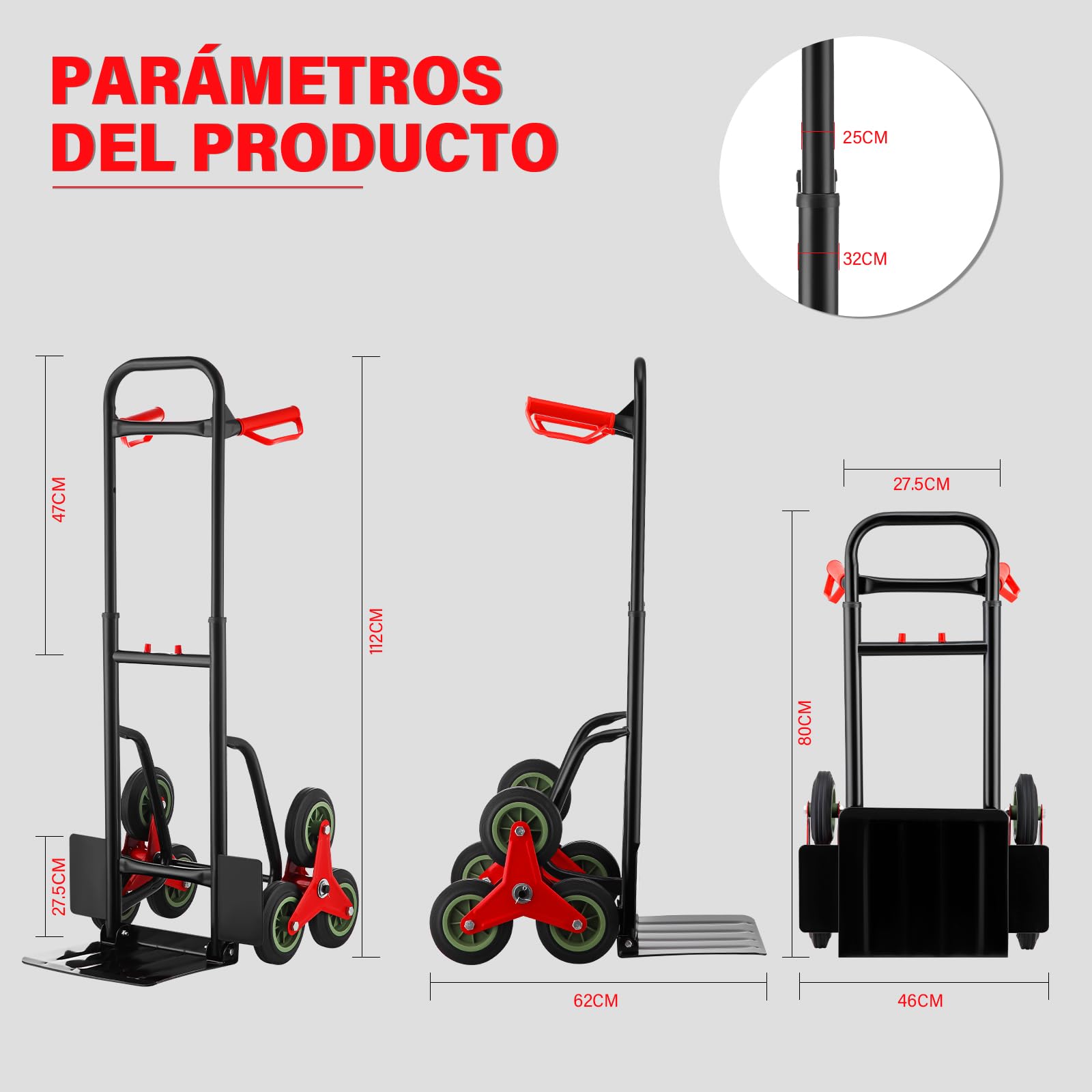 TEENO Carretilla Plegable, Carro para Subir escaleras, Estructura metálica Robusta, Ruedas de Marcha Suave con Tacos Blandos, Altura Regulable de 80 a 112 cm, Capacidad de Carga de hasta 150 kg