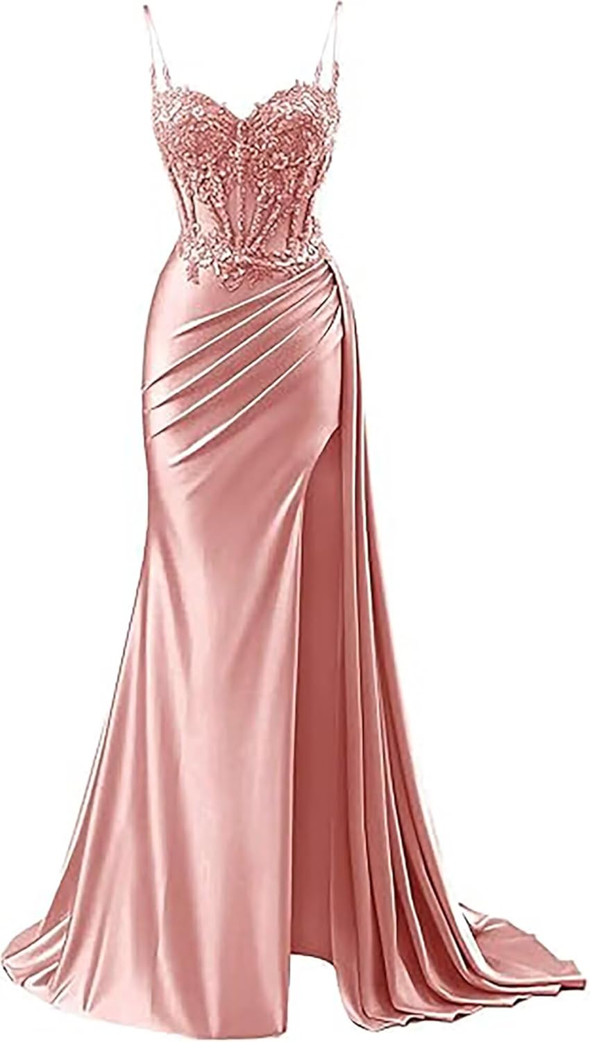 Appliques Beaded Mermaid Prom Dresses 2026 Spaghetti Straps Long Wedding Evening Gowns for Women with Slit