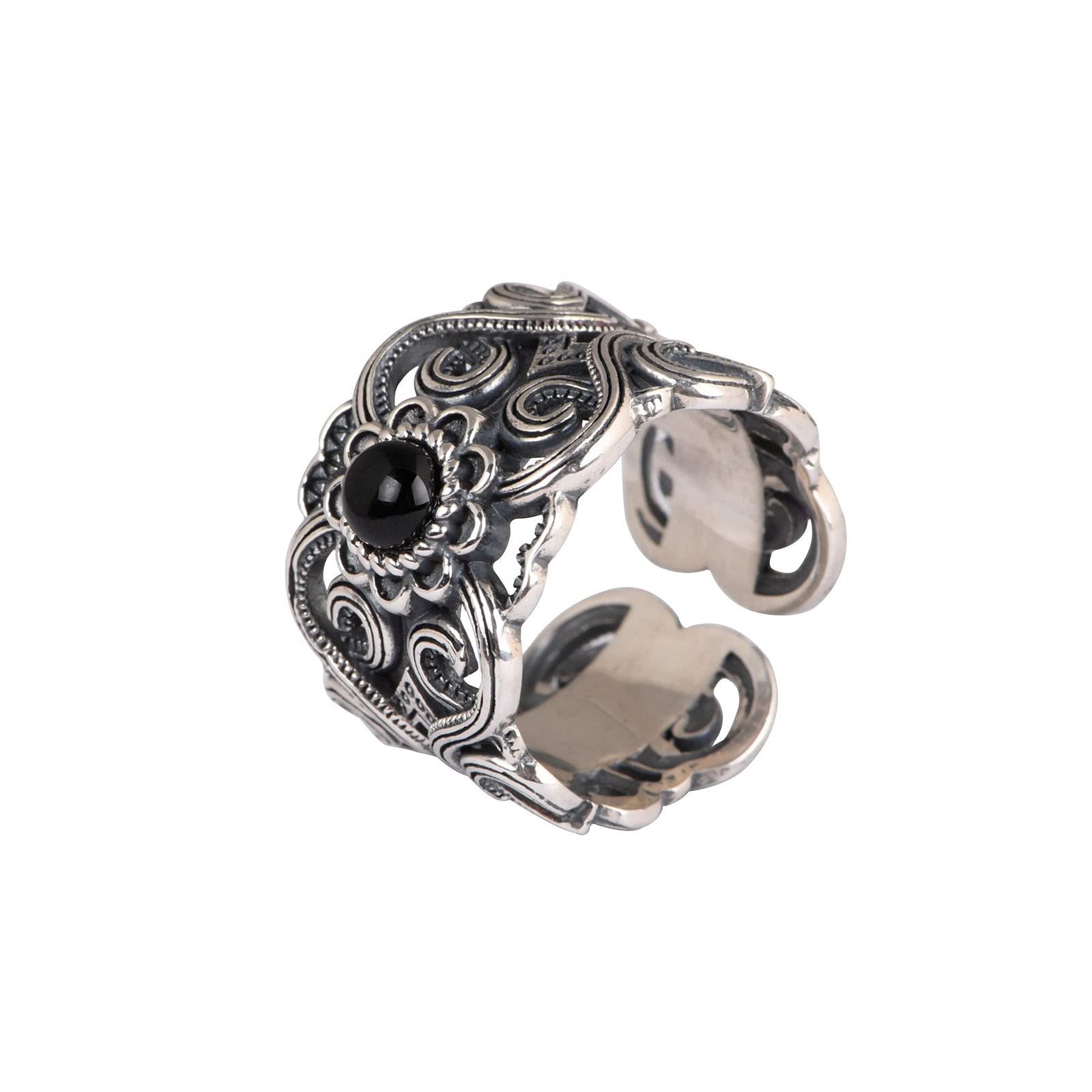 Bague en argent thaï rétro S925 avec agate naturelle pour homme et femme style ajouré