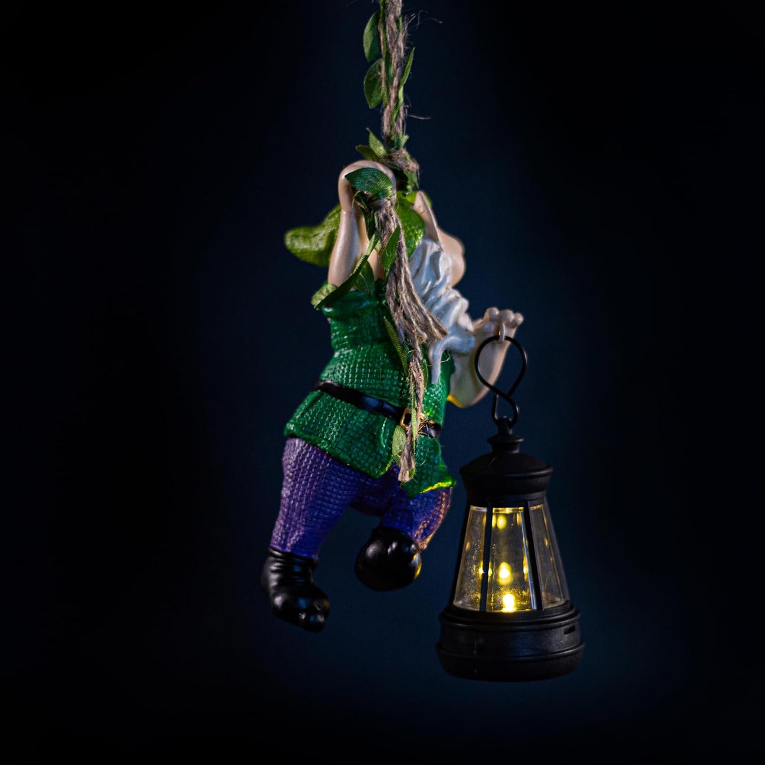 Garden Gnome Solar Lantern Decoration, Green and Purple, Weather-Resistant Resin, Hanging Style, Solar Powered, Whimsical Garden Decor, 6.3 Inch Height