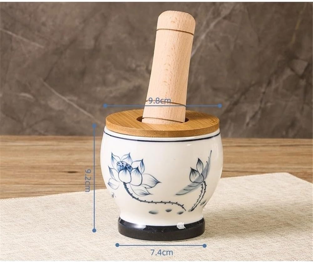 Grinder Bowl Home Garlic Mortar Ceramic Grinder Spice Masher Manual Herb Grinder with Wooden Lid and Pestle Grinder Crusher