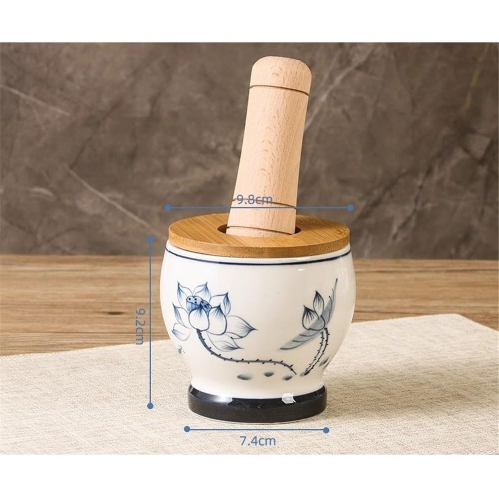 Garlic Presses Home Garlic Mortar Ceramic Grinder Spice Masher Manual Herb Grinder with Wooden Lid and Pestle Mortar and Pestle Set