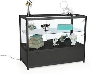 Displays2go 48 Inch Retail Showcase, w/Storage, LED Lights, Lockable Sliding Door - Black (SCTCT48LDB)