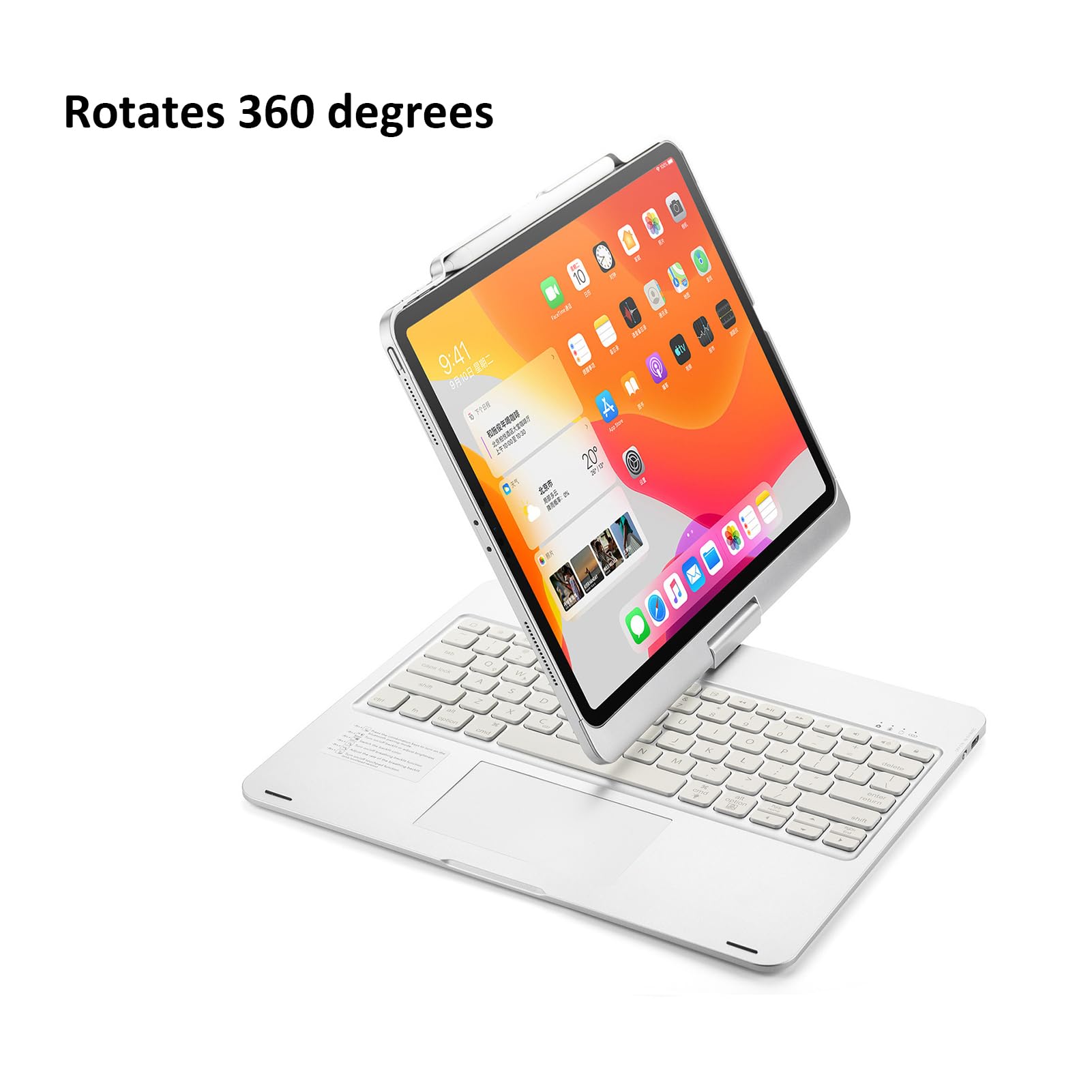 Etui na klawiaturę do iPad Air 13 cali (M4/2026, M3/2025, M2/2024), Pro 12,9 cala (3./4./5./6. generacji), klawiatura Bluetooth z podświetleniem, obracana o 360°, z uchwytem na długopis, kolor srebrny