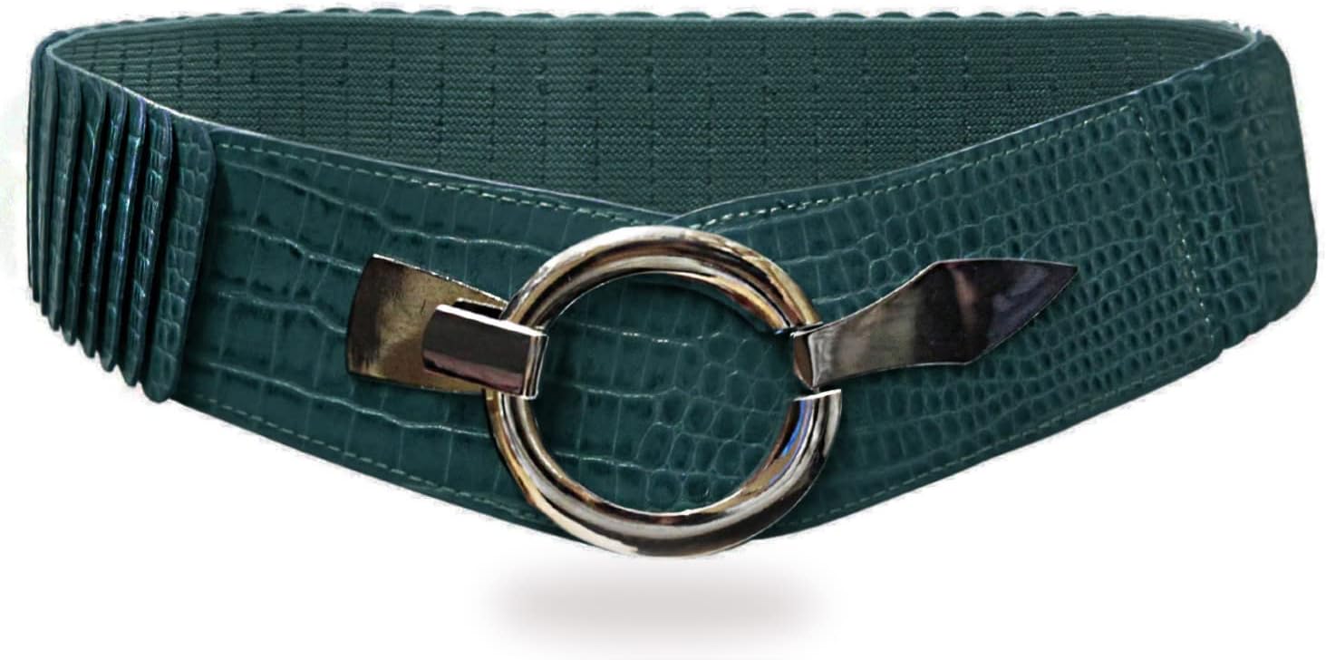 Gloop Tailleriem voor dames, elastische riem, 6 cm brede heupriem, zilveren ring, Teal vlokken
