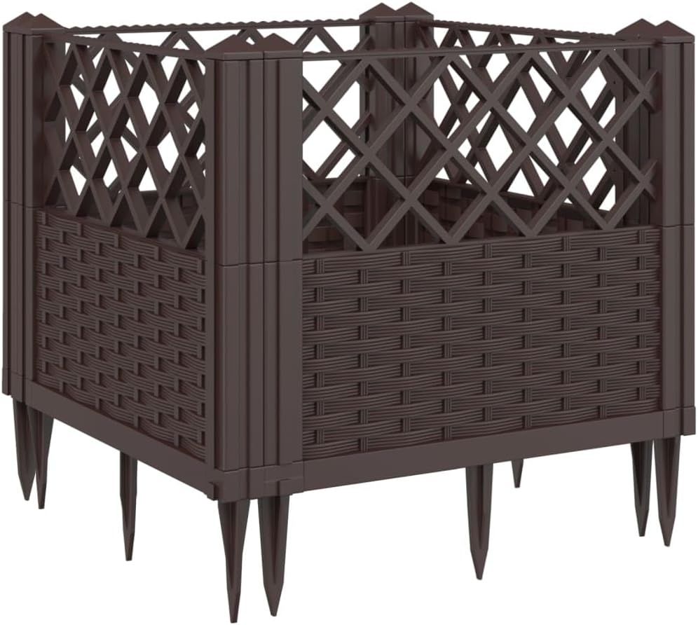 vidaXL Garden Planter with Pegs - Modular Polypropylene Outdoor/Indoor Plant Container, Brown Rattan-Style Square Flower/Herb Box 17.1"x17.1"x17.1"