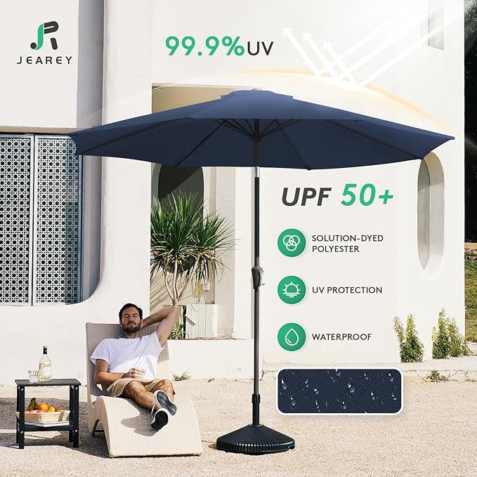 Image of JEAREY Outdoor Patio Umbrella 9FT Outdoor Table Umbrella with Push Button Tilt and Crank, Market Umbrellas 8 Sturdy Ribs UV Protection Waterproof for Garden, Deck, Pool (Purplish Blue)