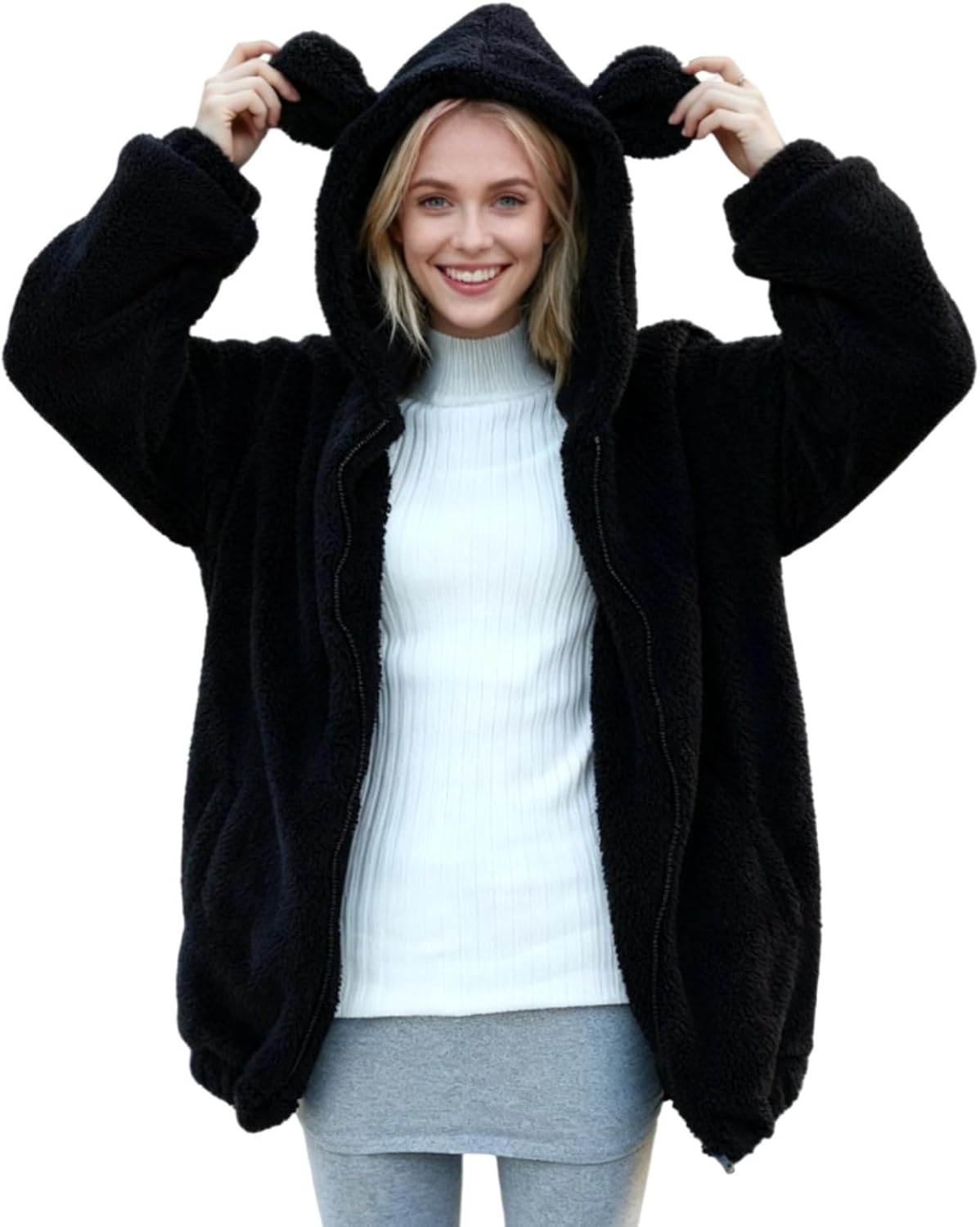 Fluffy Bear Hoodie with Ears for Women Fuzzy Bunny Ear Hoodie Kawaii Bear Sweater Jacket Warm Plush Sweatshirt