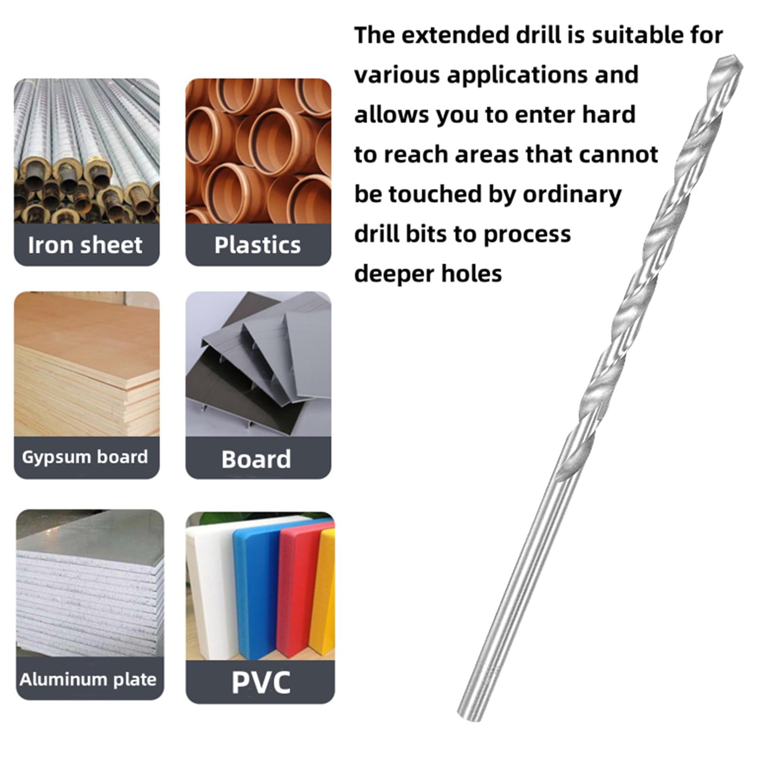 Punte elicoidali extra lunghe con gambo dritto, estensione da 10 mm, in acciaio ad alta velocità, lunghezza 200 mm, per legno, plastica, alluminio, ferro, rame (1 pezzo)