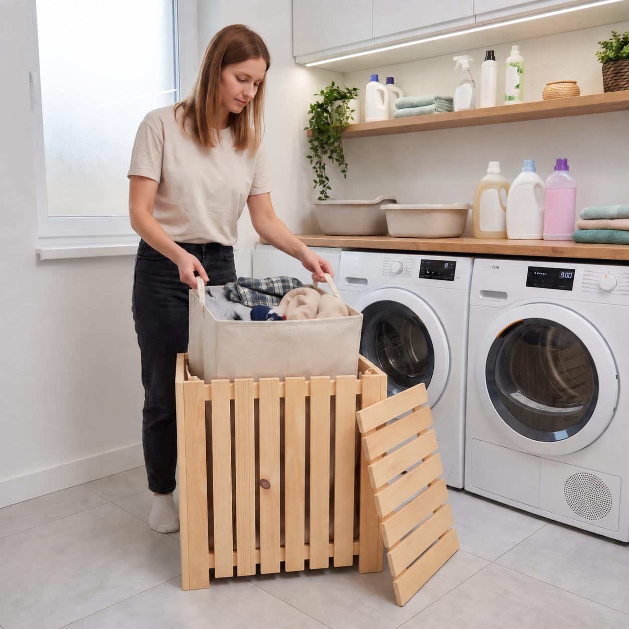 VELORA H&L Coffre à linge en bois avec couvercle - Panier à linge sale avec sac à linge amovible, bac à linge pour salle de bain, chambre et buanderie