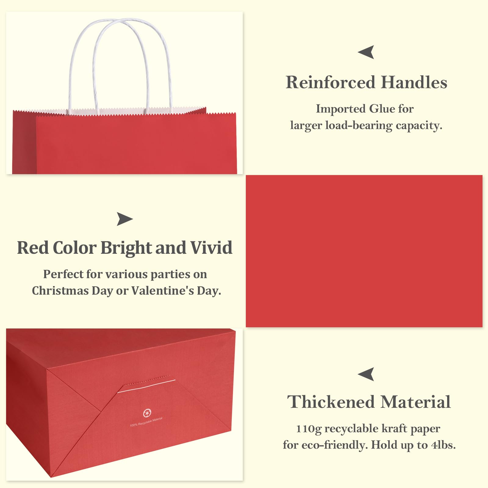 BagDream Paquete de 100 bolsas de papel rojas de 10 x 5 x 13 pulgadas con asas, bolsas de compras de papel kraft reciclables para regalos, mercancía, venta al por menor, bolsas de regalo de fiesta